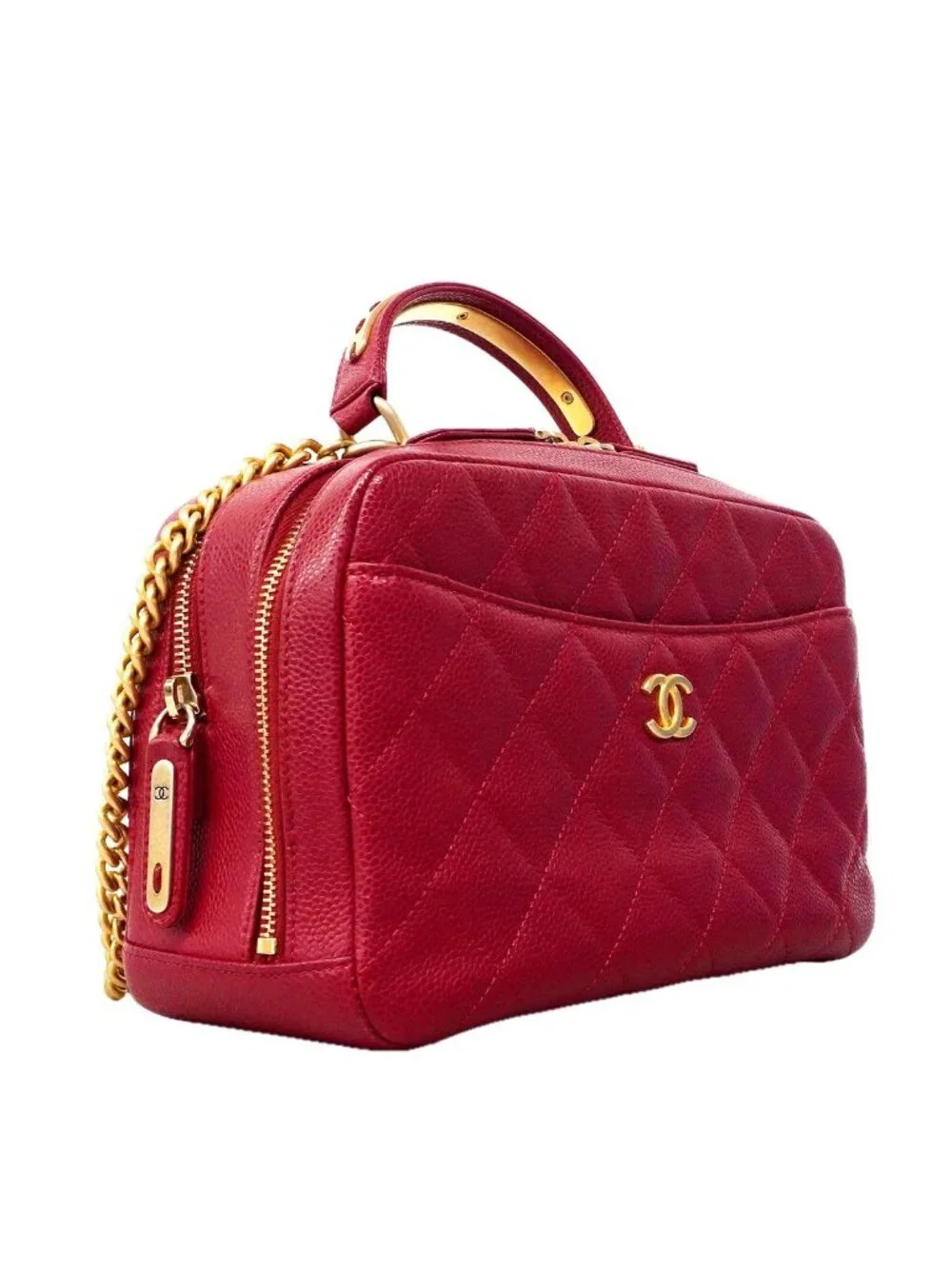 Chanel Handbag Quilted Caviar Leather Red Gold 2-Way Back